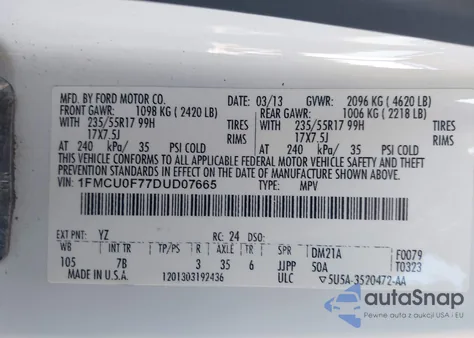 2013 Ford Escape S z USA, uszkodzony, nr VIN 1FMCU0F77DUD07665